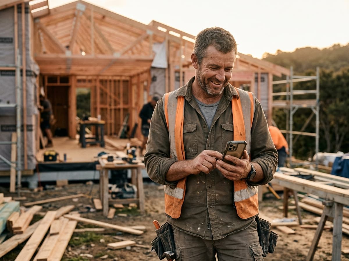 A New Zealand builder checking SyteSense on his phone on a residential site